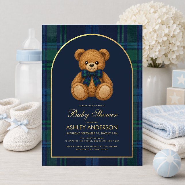 Invitation Teddy Bear Preppy Boy Baby Shower Blue Plaid Arch (Créateur téléchargé)