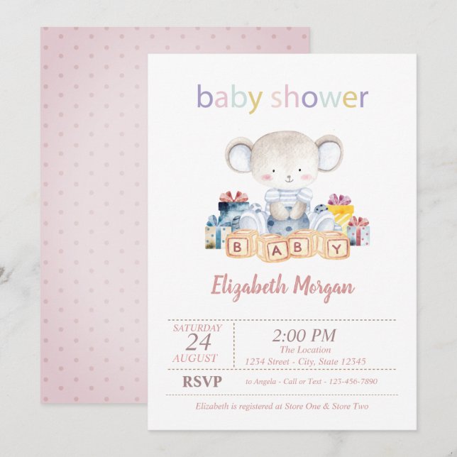 Invitation Teddy Bear présente le Baby shower des points (Devant / Derrière)