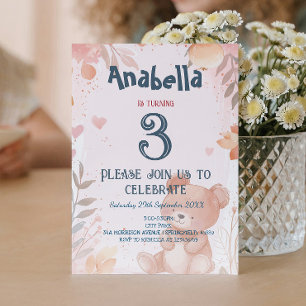 Invitation Teddy Bear Rose Girl Anniversaire