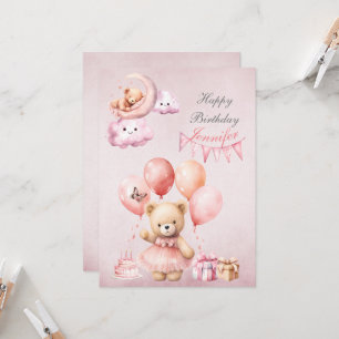 Invitation Teddy Bear Rose Watercolor Girls Anniversaire