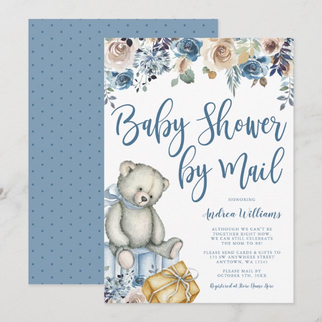 Invitation Teddy Bear Rustic Floral Boy Baby shower par la po (Devant / Derrière)