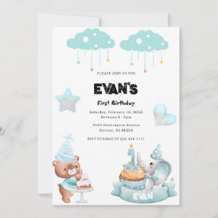 Invitation Teddy Bear Sage Bue Beary Premier anniversaire