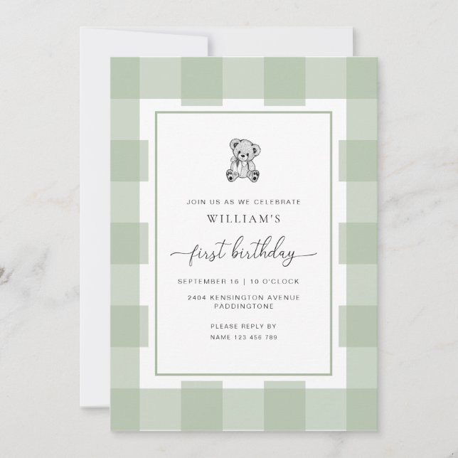 Invitation Teddy Bear Sage En vichy 1er anniversaire Invitati (Devant)