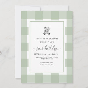 Invitation Teddy Bear Sage En vichy 1er anniversaire Invitati