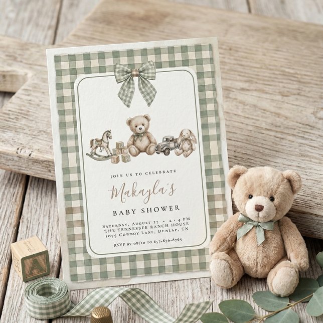 Invitation Teddy Bear Sage Green Gingham Bow Baby Shower (Créateur téléchargé)