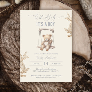 Invitation Teddy Bear Script Boho Baby shower Garçon