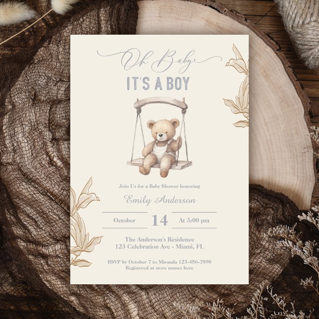 Invitation Teddy Bear Script Boho Baby shower Garçon (Créateur téléchargé)