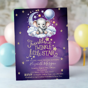 Invitation Teddy Bear Stars Lune Nuages Violet Baby shower