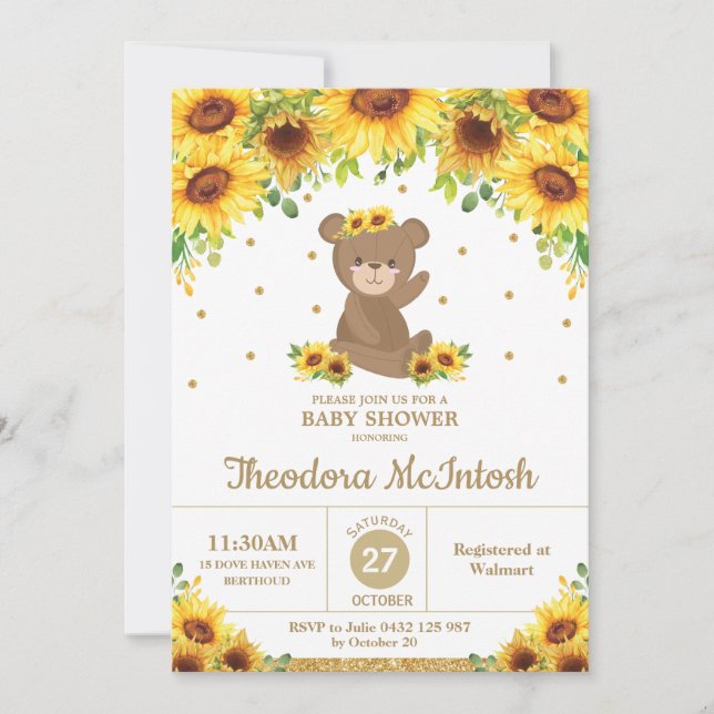 Invitation Teddy Bear Sunflower Floral Baby shower Girl (Devant)
