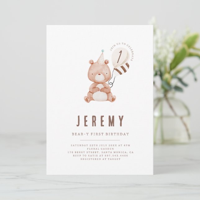 Invitation Teddy Bear Thème Neutre 1er anniversaire fête (Debout devant)