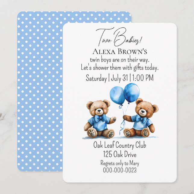 Invitation Teddy Bear Twin Baby Boy Douche (Devant / Derrière)