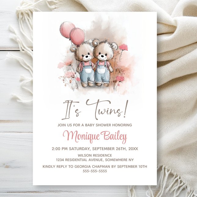 Invitation Teddy Bear Twins Baby Shower (Créateur téléchargé)