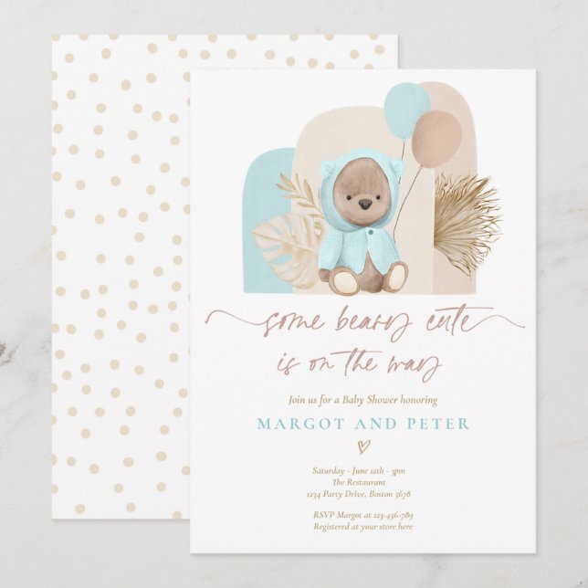 Invitation Teddy Bear Un Baby shower Boho De Beary Cute  (Devant / Derrière)