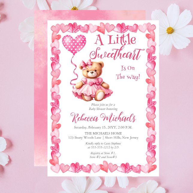 Invitation Teddy Bear Un Petit Baby shower Fille Amoureuse (Pink Hearts | Teddy Bear "A Little Sweetheart Is On The Way" Girl Baby Shower Invitation)