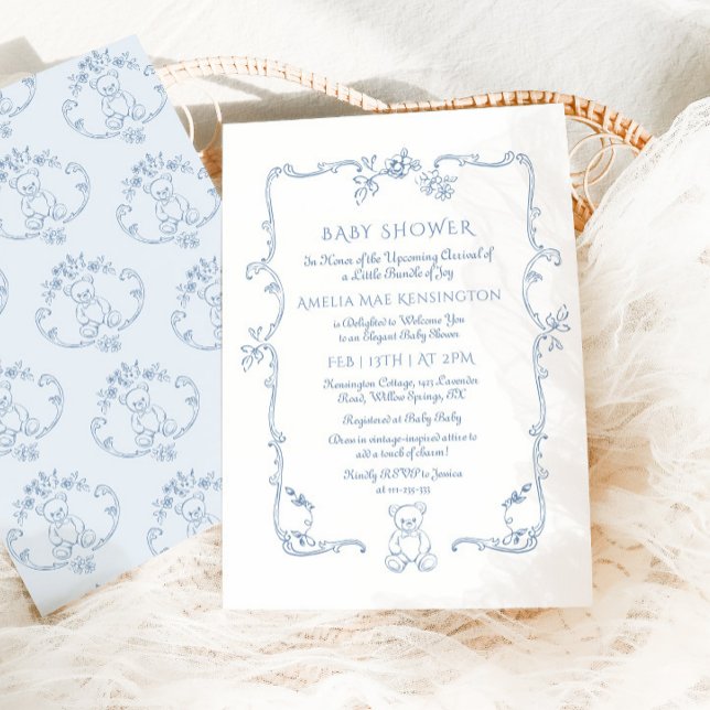 Invitation Teddy bear Vintage frame Baby shower en toile (Créateur téléchargé)
