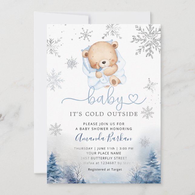 Invitation Teddy Bear Winter snowflakes Blue Boy Baby shower  (Devant)