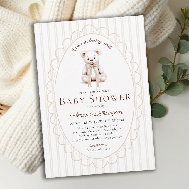 Invitation Teddy Bearly Wait Neutral Stripes Bow Baby Shower (bearly wait baby shower invitation traditional classic nursery decor stripes scallops teddy bear bow)