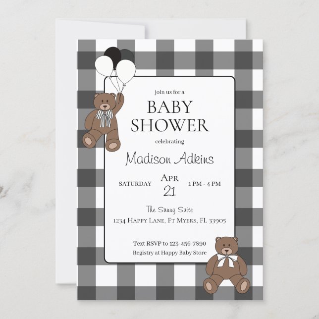 Invitation Teddy Bears Black Buffalo Check Baby Shower (Devant)