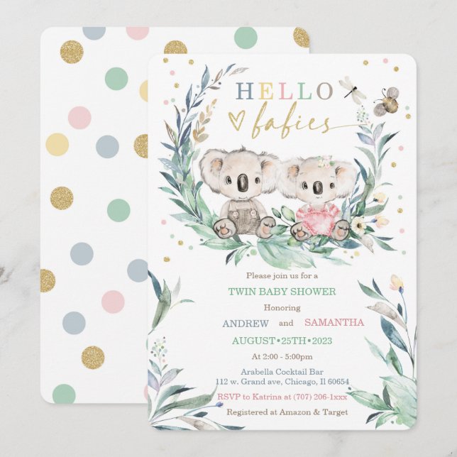Invitation Teddy Koala Baby shower Modèle pour garçon et fill (Devant / Derrière)