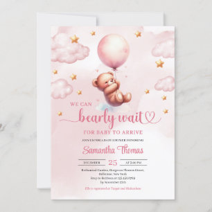 Invitation Teddy minimaliste avec ballon rose douche fille