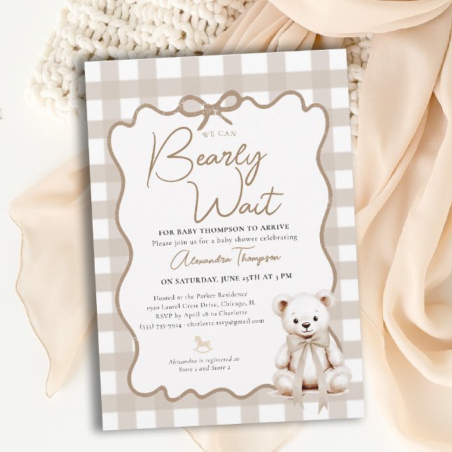 Invitation Teddy Neutral Gingham Bearly Wait Bow Baby Shower (bearly wait baby shower invitation neutral gingham modern classic nursery teddy bear bow)