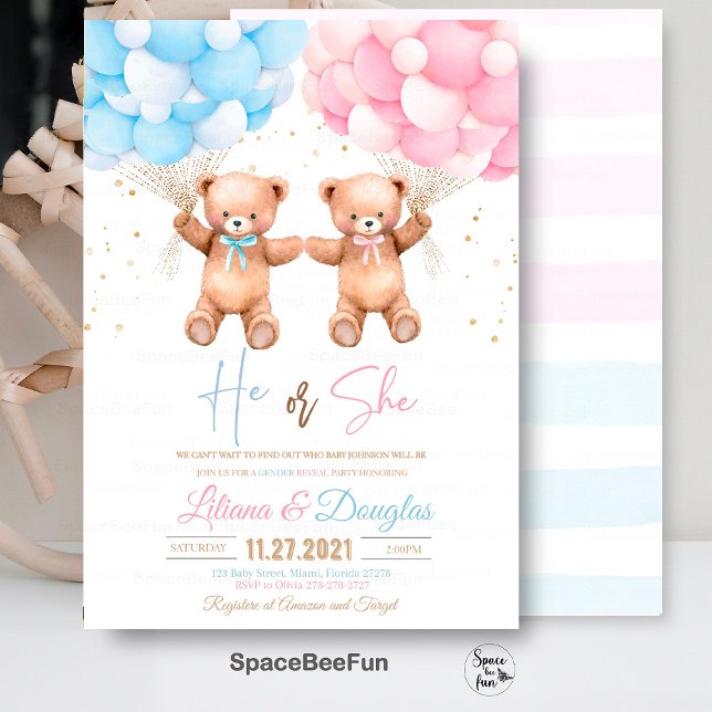 Invitation Teddy ours baby shower Lui ou elle Révélation de g (Teddy Bear invitation,Baby Shower bear,He or She invites,Gender Reveal bear,Baby Shower invite,Invit)