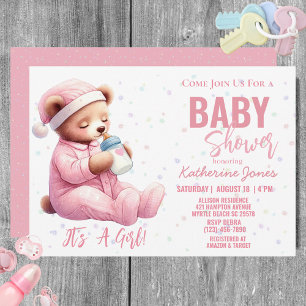 Invitation Teddy Ours Baby shower Rose fille