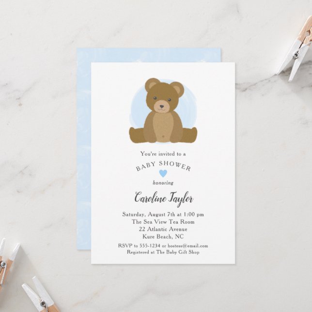 Invitation Teddy Ours bleu Aquarelle bébé garçon douche (Devant/Arrière en situation)