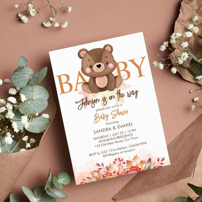 Invitation Teddy ours chute baby shower mignonette peluche (Teddy bear fall baby shower template invitation instant download autumn foliage brown color)