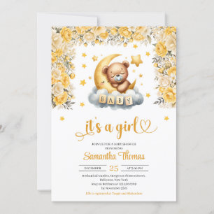 Invitation Teddy ours dormir jaune fleur fille baby shower