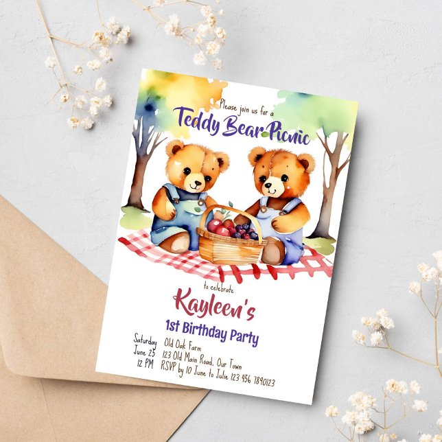 Invitation Teddy ours pique-nique fête d'anniversaire mignonn (Teddy bear picnic birthday party template invitation digital download two cute teddies on a blanket)