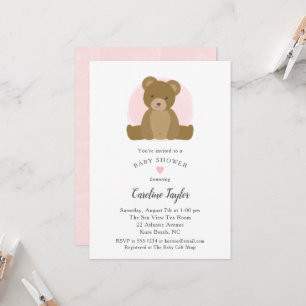 Invitation Teddy Ours rose Aquarelle Bébé Fille Douche