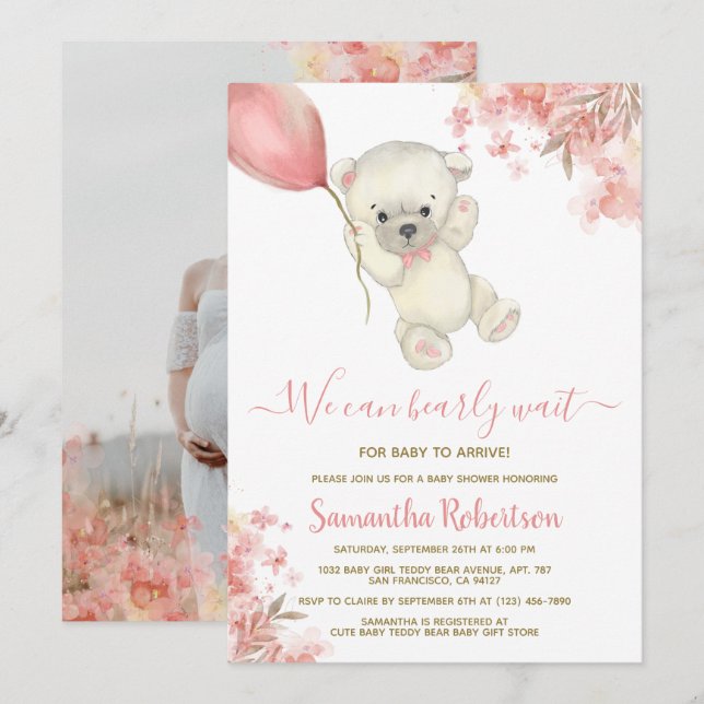 Invitation Teddy Ours rose Balloon fille Baby shower photo (Devant / Derrière)