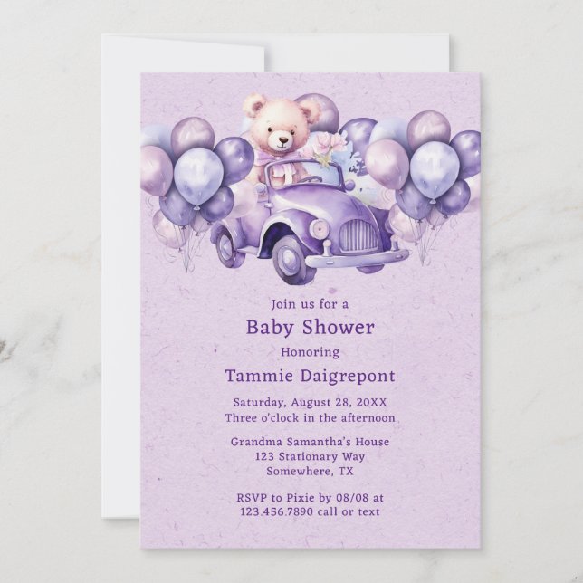 Invitation Teddy Ours Violet Ballons Voiture Baby shower fill (Devant)