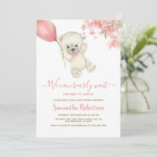 Invitation Teddy Polar Ours rose Balloon Baby shower fille