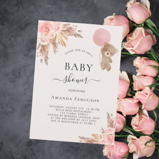 Invitation Teden ours rose pampa herbe fille baby shower (Créateur téléchargé)