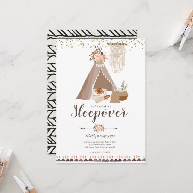 Invitation Tee Pee Sleepover Fille Anniversaire Fête Invitati (Devant/Arrière en situation)