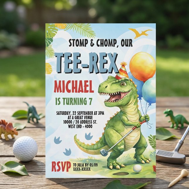 Invitation Tee-Rex Golf Dinosaur Mini Golf Birthday Party (Swing into action with this adorable "Tee-Rex" golf birthday party invitation! )