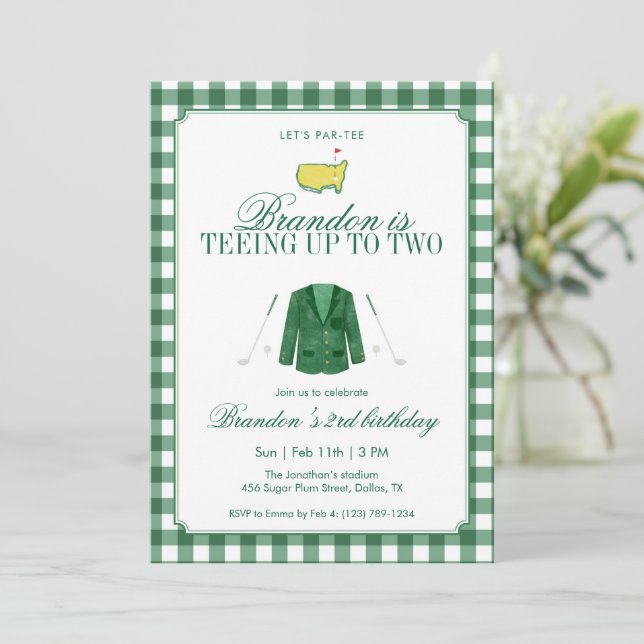 Invitation Teeing Up To Two Golf 2nd Birthday Green Gingham (Debout devant)