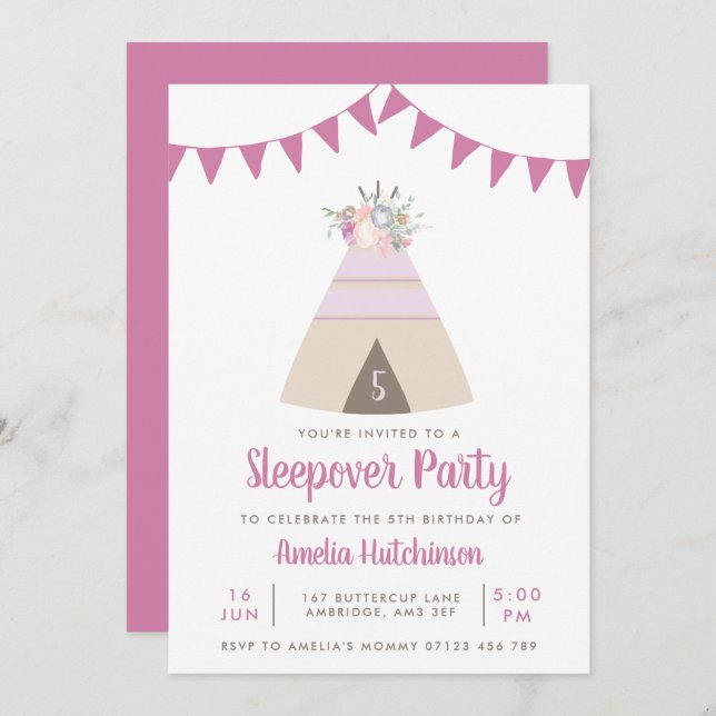 Invitation Teepee Fête de bois Filles Floral violet Anniversa (Devant / Derrière)