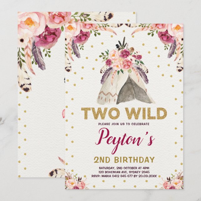 Invitation Teepee florale tribale 2 WILday Chic Gold (Devant / Derrière)