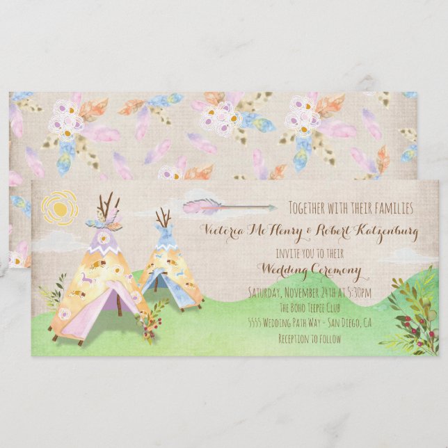Invitation Teepee rustique de mariage tribal de Boho (Devant / Derrière)