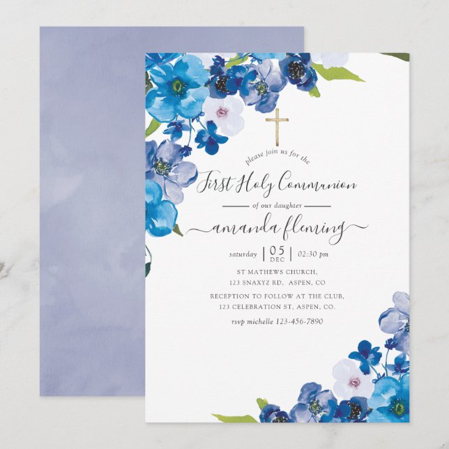 Invitation teintes de bleu Floral Première Communion sainte (Devant / Derrière)
