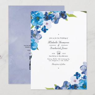 Invitation Teintes de mariage floral code QR RSVP Bleu