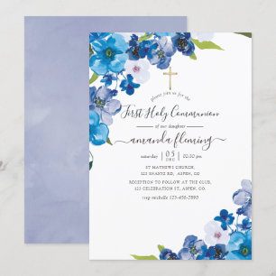 Invitation Teintes de première communion florale bleue