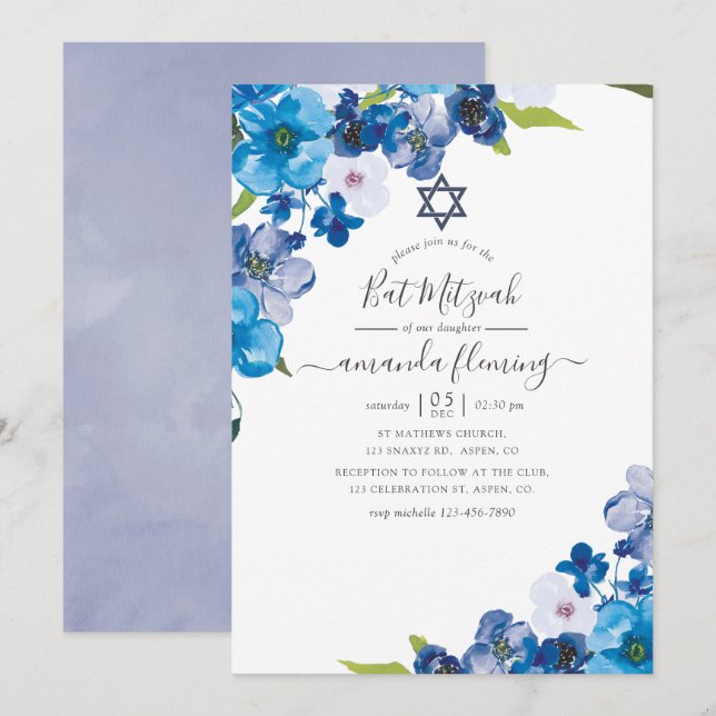 Invitation teintes du Bat mitzvah floral bleu (Devant / Derrière)