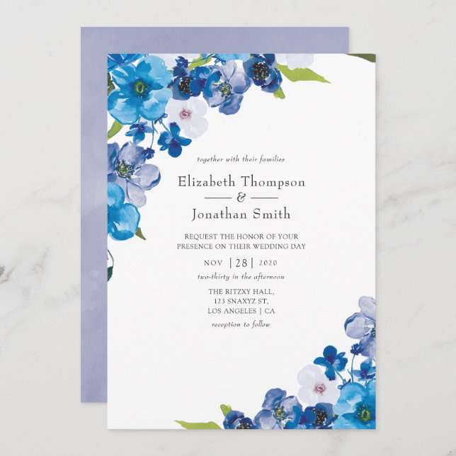 Invitation teintes du Mariage floral bleu (Devant / Derrière)