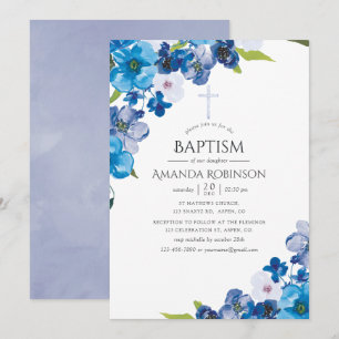 Invitation Teintes pastel de floral bleu pour baptême