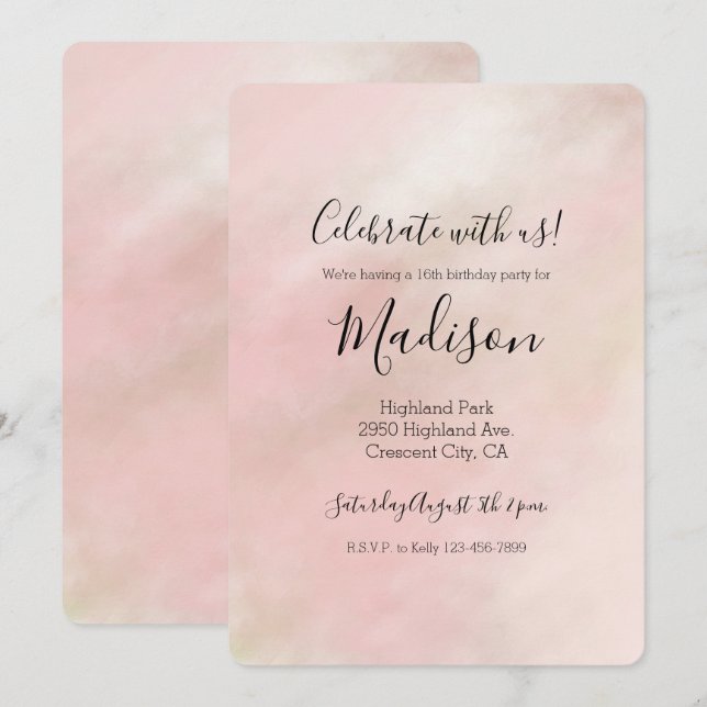 Invitation Teinture d'aquarelle couleur rose pâle teinte aqua (Devant / Derrière)