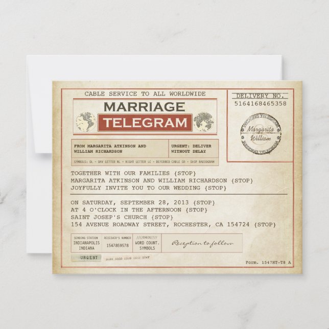 Invitation télégrammes de MARIAGE vintage (Devant)